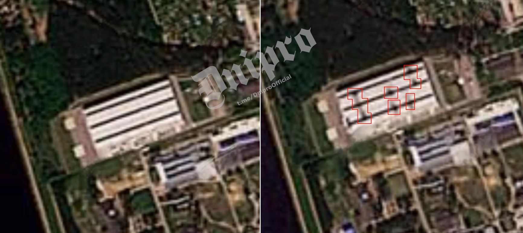 Спутниковый снимок последствий налета на цех предприятия «Кронштадт» в Дубне