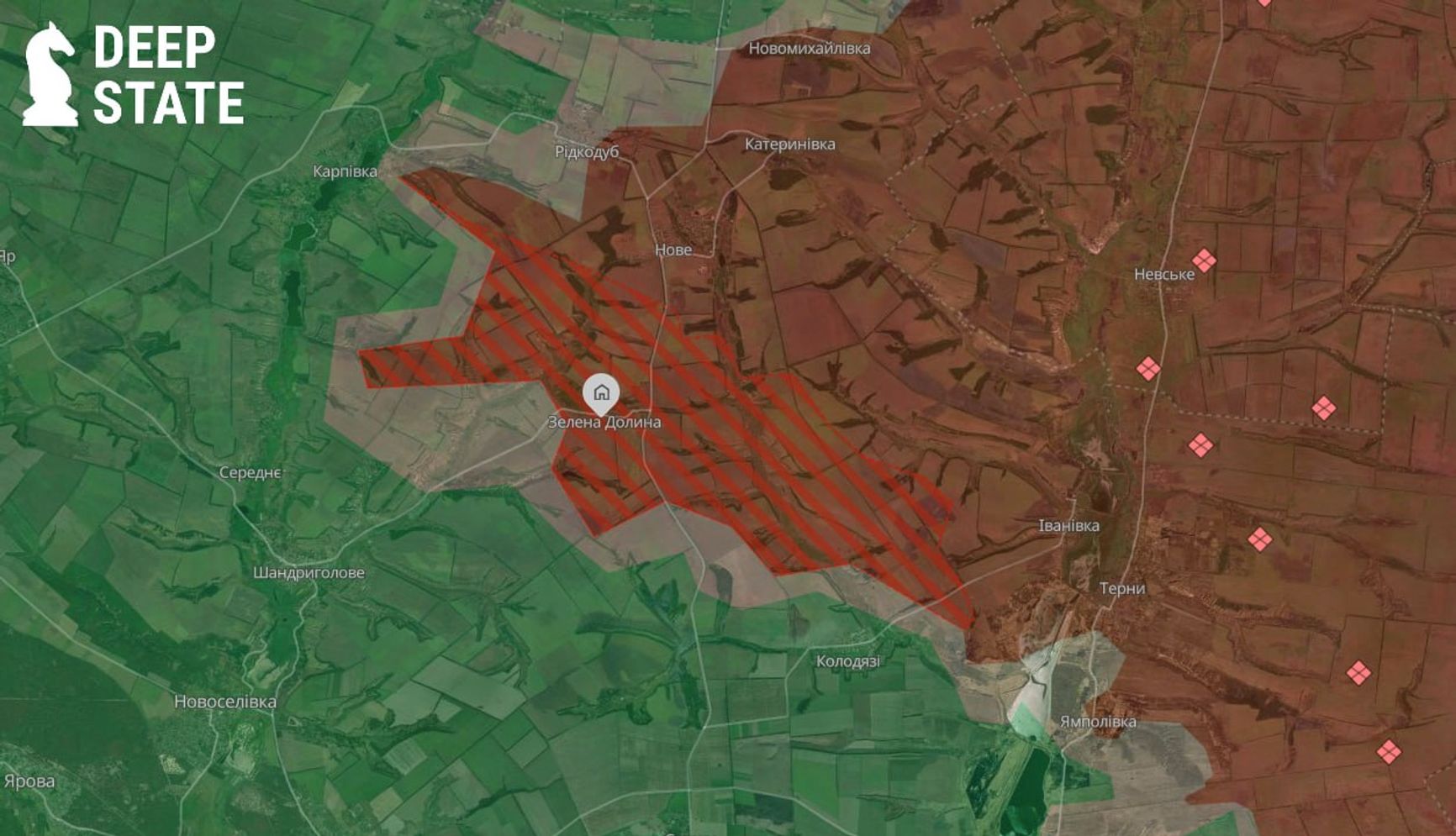 Продвижение ВС РФ в районе Зелёной Долины по версии DeepState