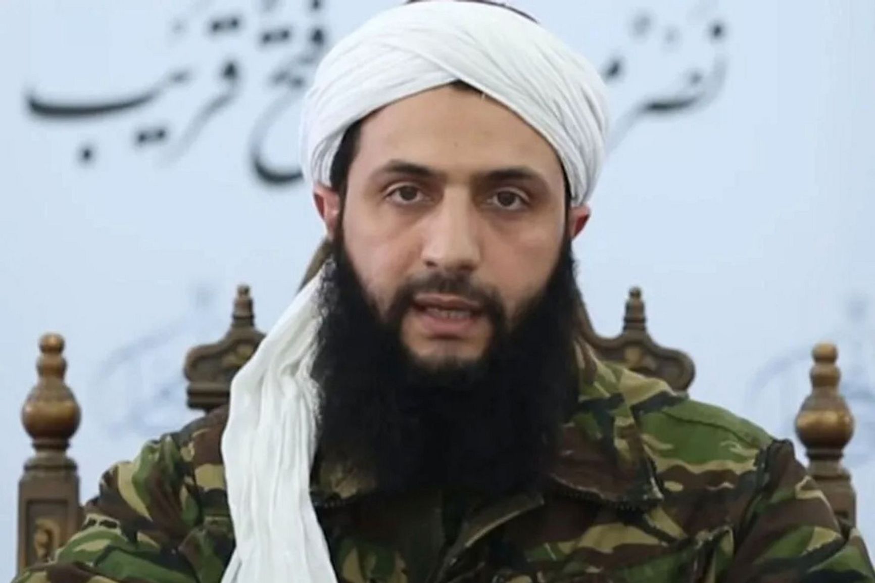 Ahmad al-Sharaa, then known by his nom de guerre Abu Mohammad al-Julani, announcing Al-Nusra's split from al Qaeda in 2016.