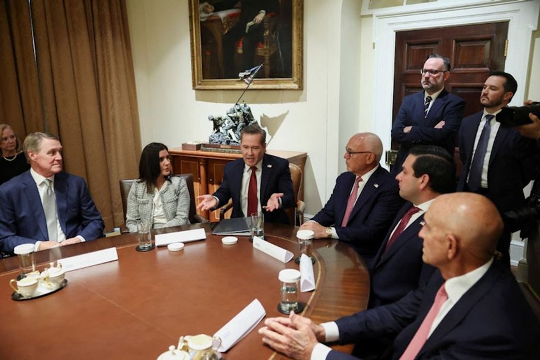 U.S. National Security Advisor Mike Waltz gestures during President Donald Trump’s meeting with U.S. ambassadors at the White House in Washington, D.C., on March 25, 2025.