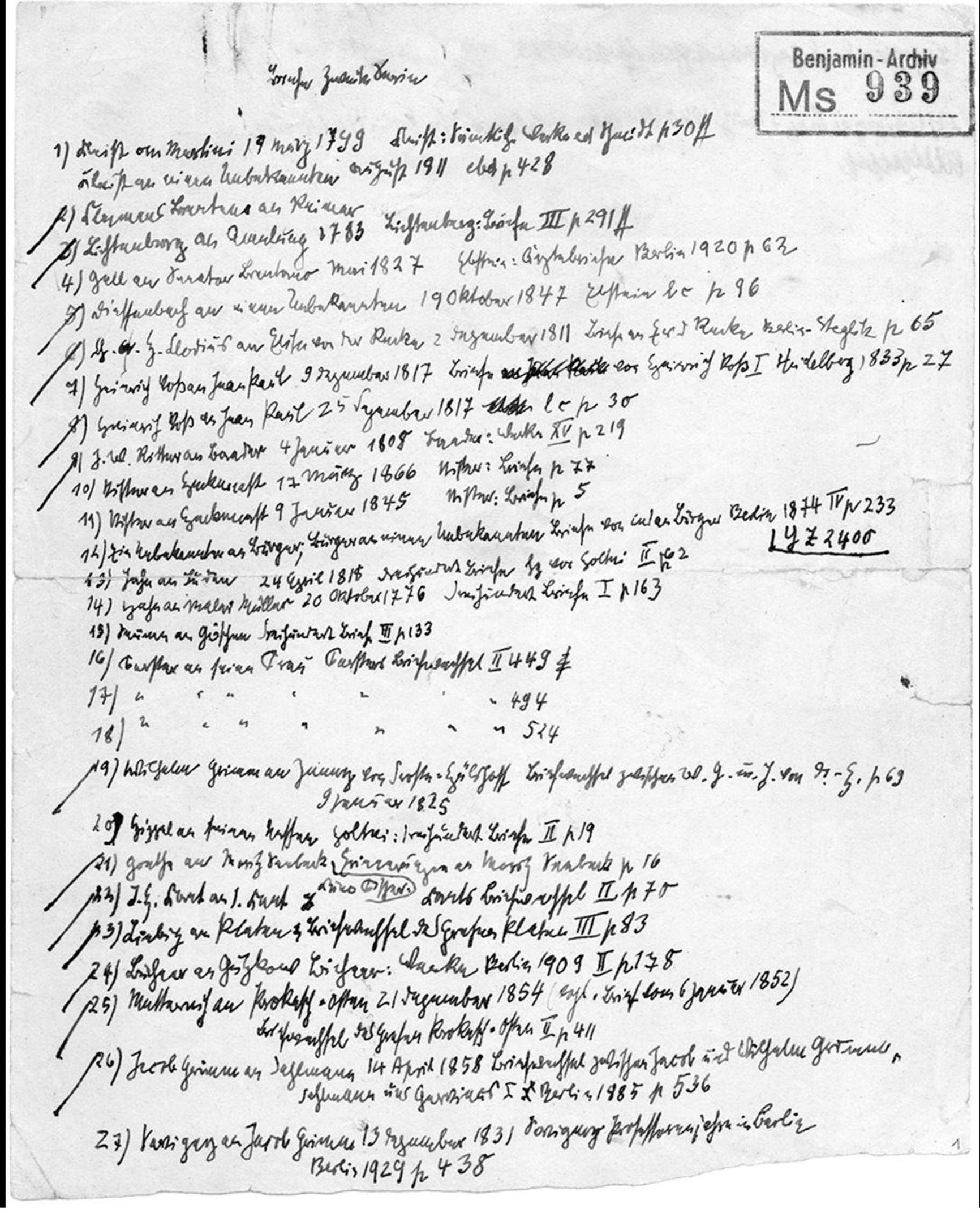 Benjamin's manuscript. List of 31 letters, 13 of which were published in Frankfurt Zeitung between April 1931 and May 1932 grundrisse.ru